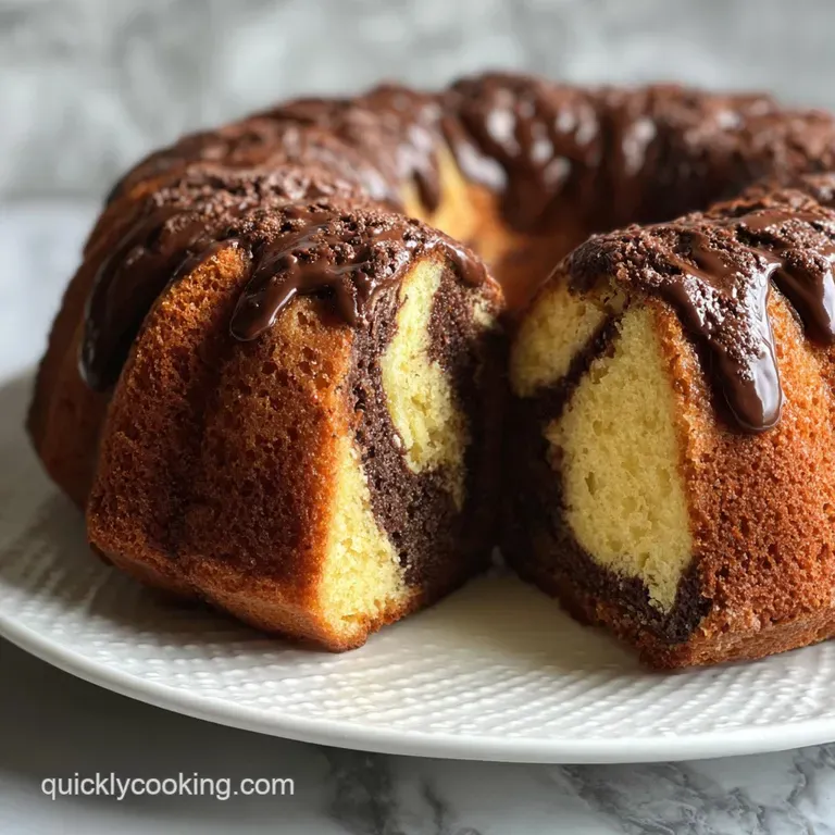 A slice of marble cake on a white plate, dusted with powdered sugar. Rich colors contrast beautifully; light steam rises, ...