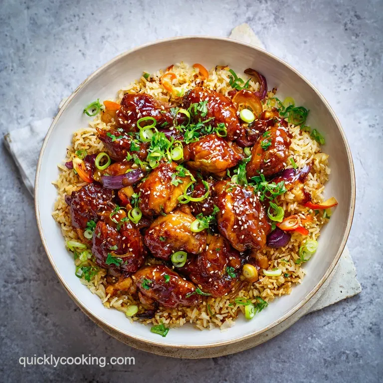 Tender chicken with a deep smoky glaze, artfully arranged with fluffy rice and a sprinkle of fresh herbs.