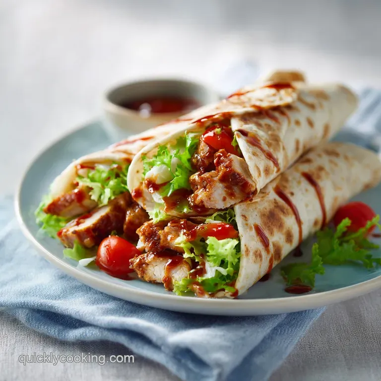 A stack of honey BBQ chicken wraps, artfully arranged with a side of crunchy coleslaw and a sprinkle of sesame seeds.