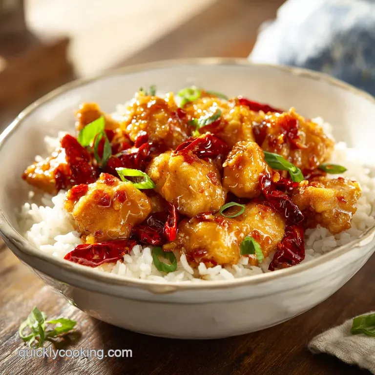 Close-up of glazed chicken arranged on a plate, topped with sesame seeds. Honey pools enticingly. Steaming rice to the side.
