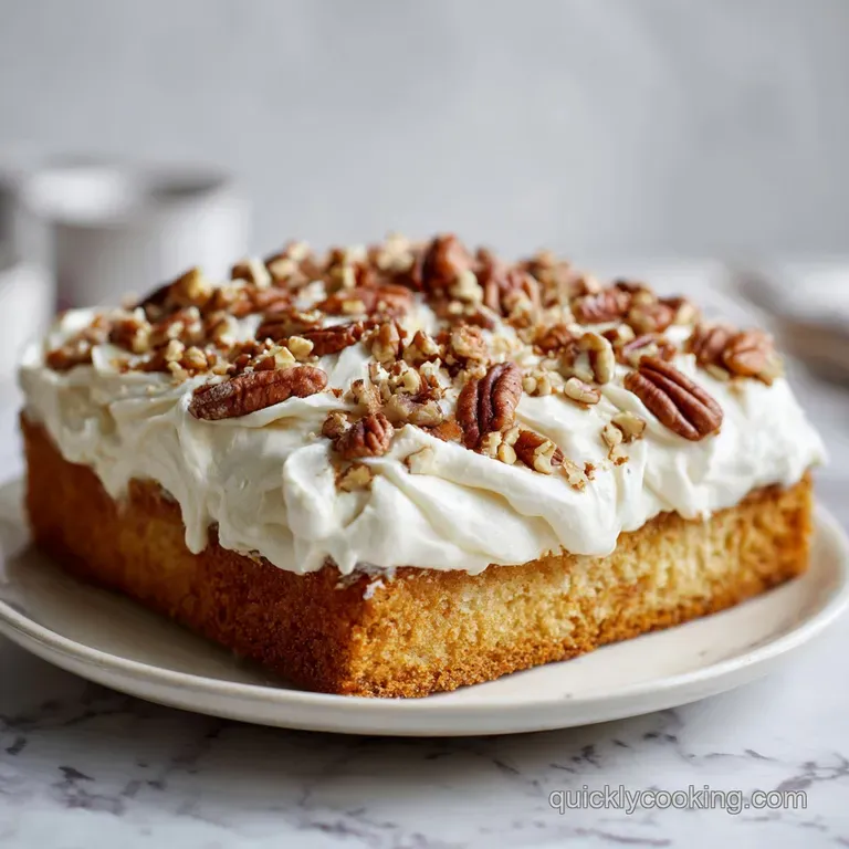A precise slice of airy cream cake on a white plate, topped with toasted pecans and a swirl of smooth frosting.