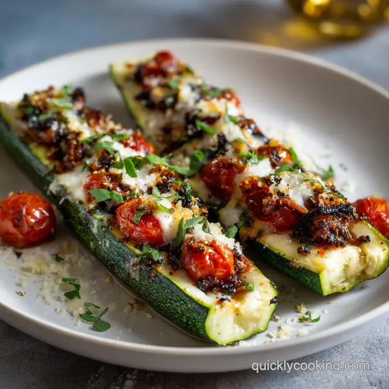 A single stuffed zucchini boat, glistening with olive oil, resting on a bed of fresh herbs, steam rising, invitingly prese...