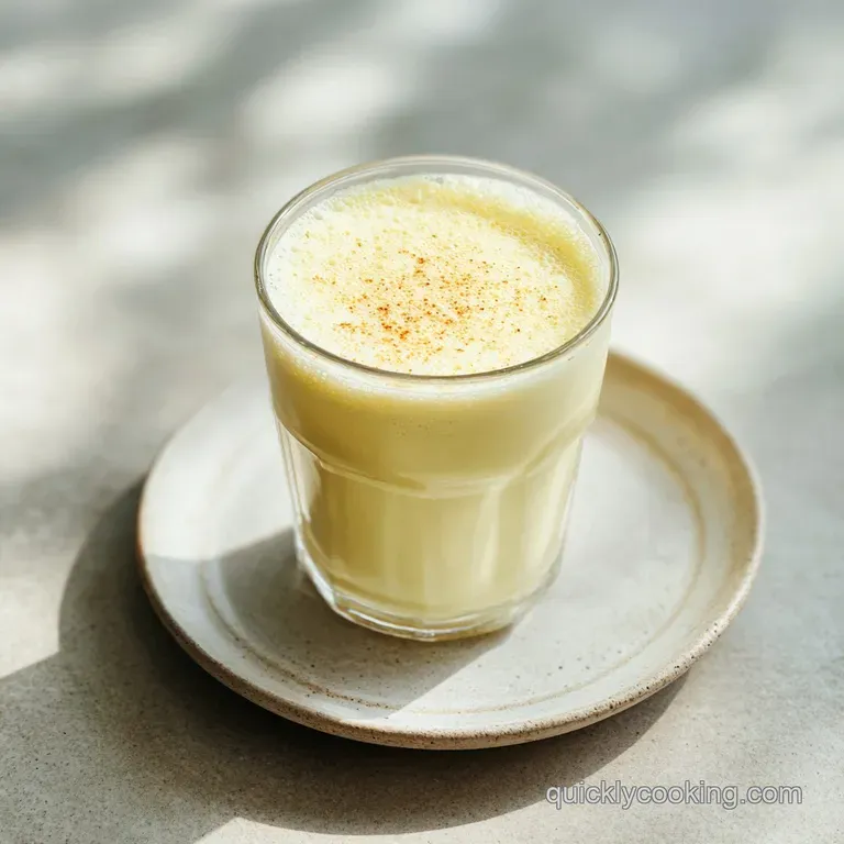 Tall glass of creamy banana milk, adorned with a banana slice. A simple, cool beverage with a luscious, velvety texture.