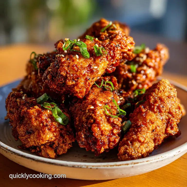 Crispy Korean fried chicken on a plate with a vibrant red sauce, green onions, and sesame seeds, offering a tempting contr...