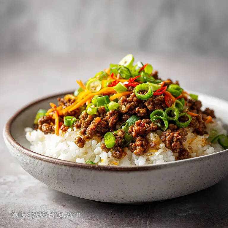 A beautiful bowl of glossy, dark brown beef and fluffy white rice, garnished with bright green scallions.