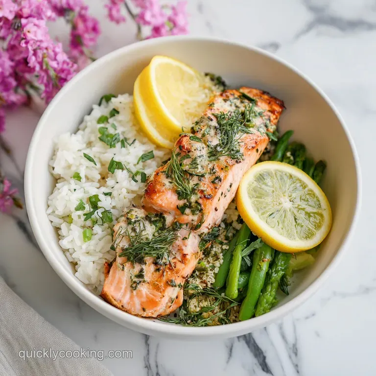 Perfectly plated salmon bowl. Herb-crusted salmon glistens alongside fluffy rice. A lemon wedge promises bright, fresh fla...