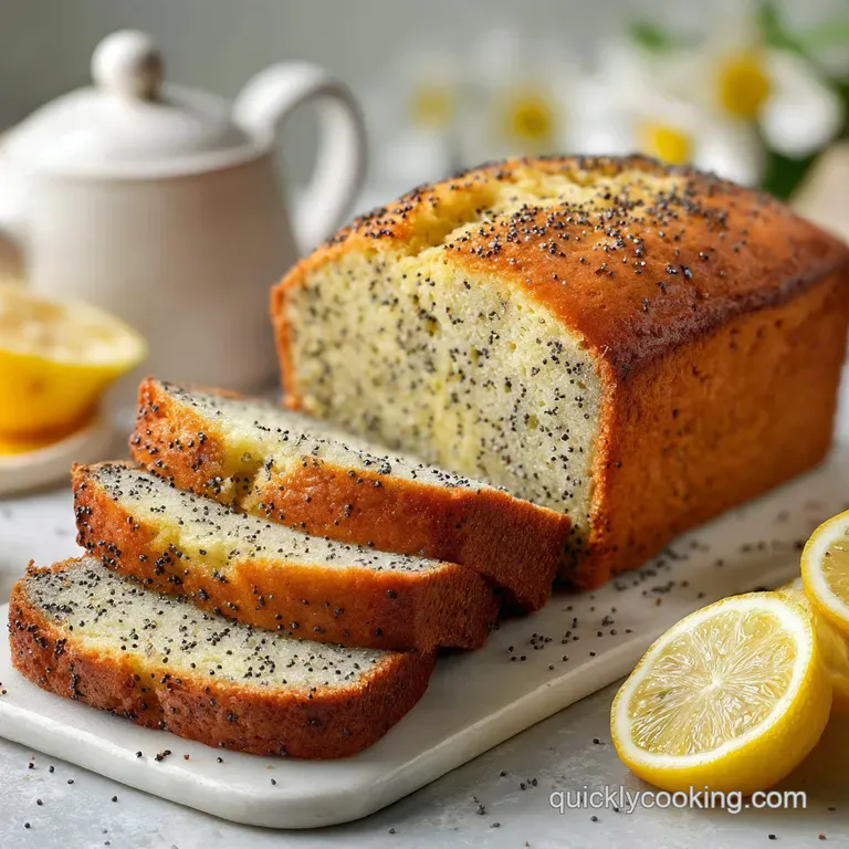 Slices of bright yellow lemon loaf, glistening with glaze, and adorned with poppy seeds on a white plate.