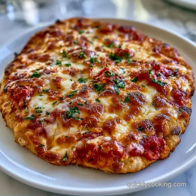 Neatly sliced flatbread on a white ceramic plate, garnished with fresh herbs and a pinch of red pepper flakes.