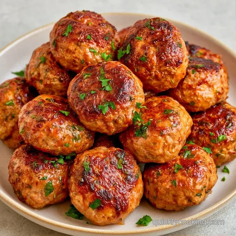 Four seared brown spheres nestled in deep red sauce on a white ceramic plate with a sprinkle of fresh herbs.
