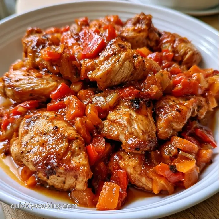 Tender chicken thighs in a vibrant red sauce, garnished with fresh parsley on a white ceramic dinner plate.