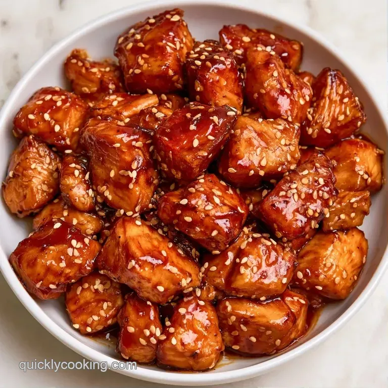 Golden-brown glazed chicken pieces artfully arranged over steamed white rice in a minimalist white ceramic bowl.