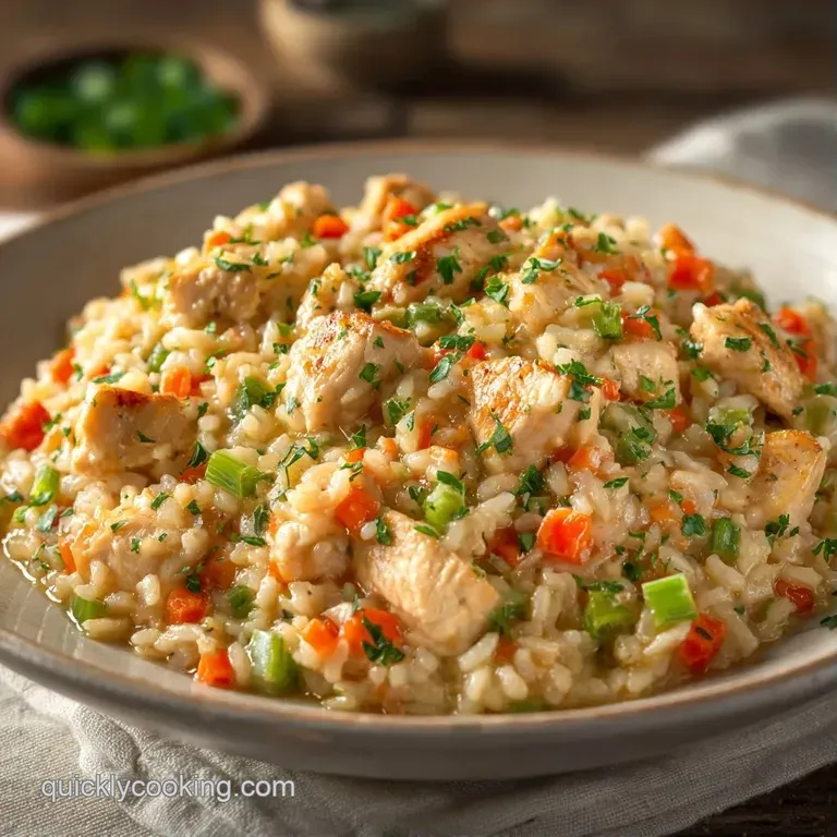 Elegant scoop of creamy chicken and mixed vegetables on a white porcelain plate with a fresh parsley garnish.