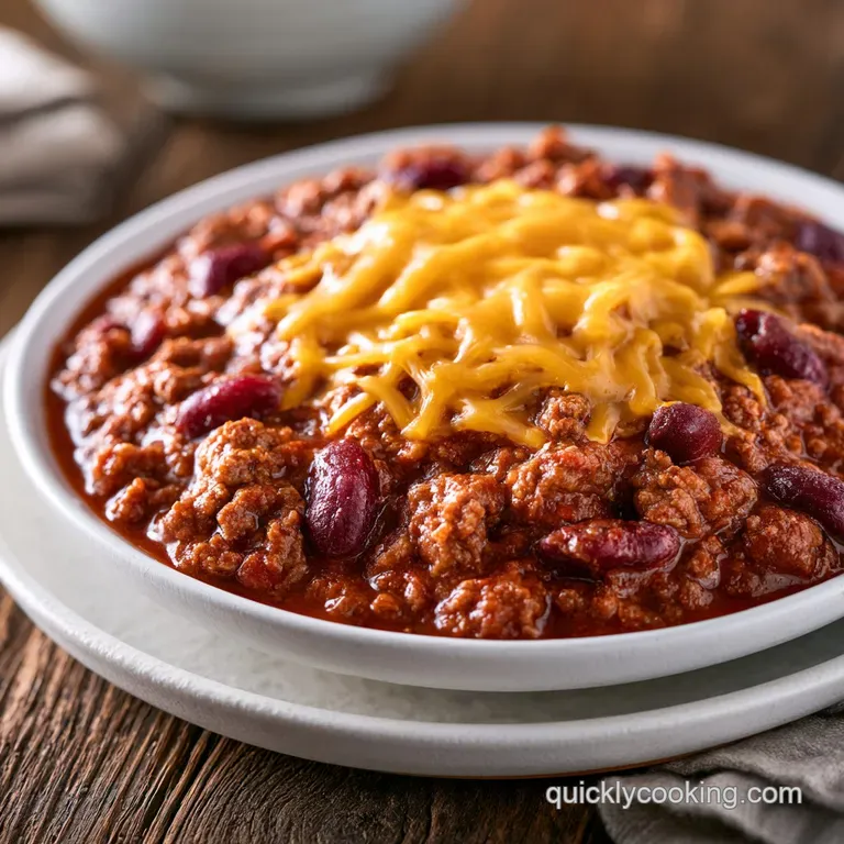 Deep red stew in a white bowl topped with a swirl of sour cream, sliced jalape&ntilde;os, and shredded sharp cheddar.