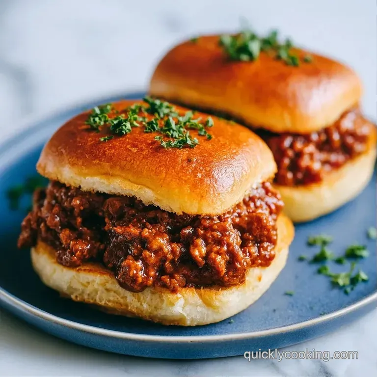 Two toasted buns overflowing with juicy mahogany beef on a white ceramic plate beside a heap of crisp green slaw.