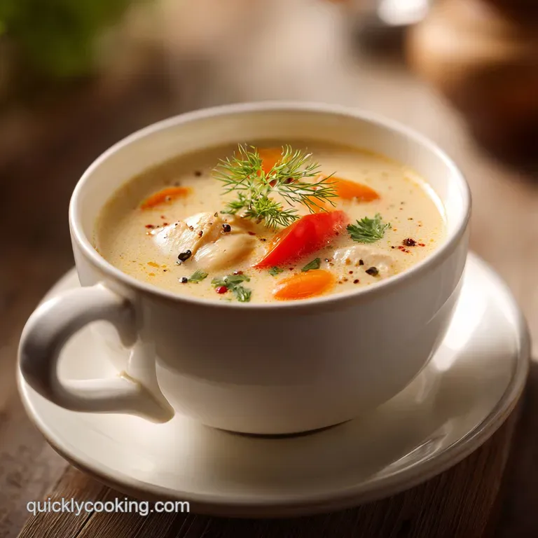 A steaming bowl of creamy chicken soup garnished with fresh parsley, sitting on a rustic wooden table with a spoon. Inviti...