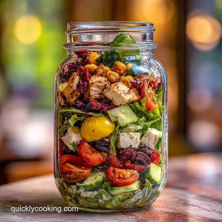 Neatly layered mason jar salad, bright greens on top, glimpse of dressing at bottom. Ready-to-eat healthy meal, convenient...