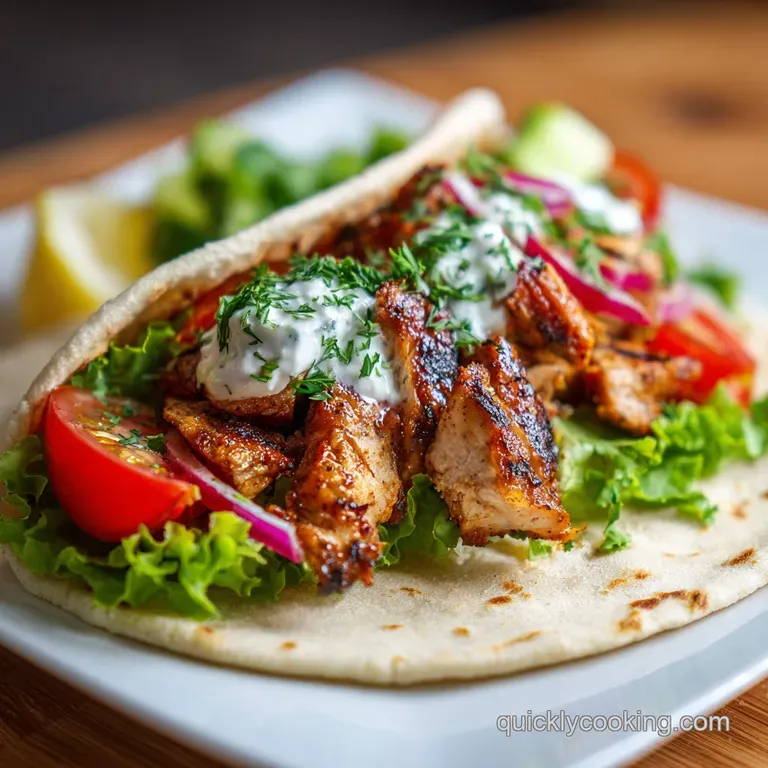 Chicken gyro on a plate, drizzled with cool tzatziki; vibrant tomatoes, red onion, and parsley garnish elevate the flavor ...