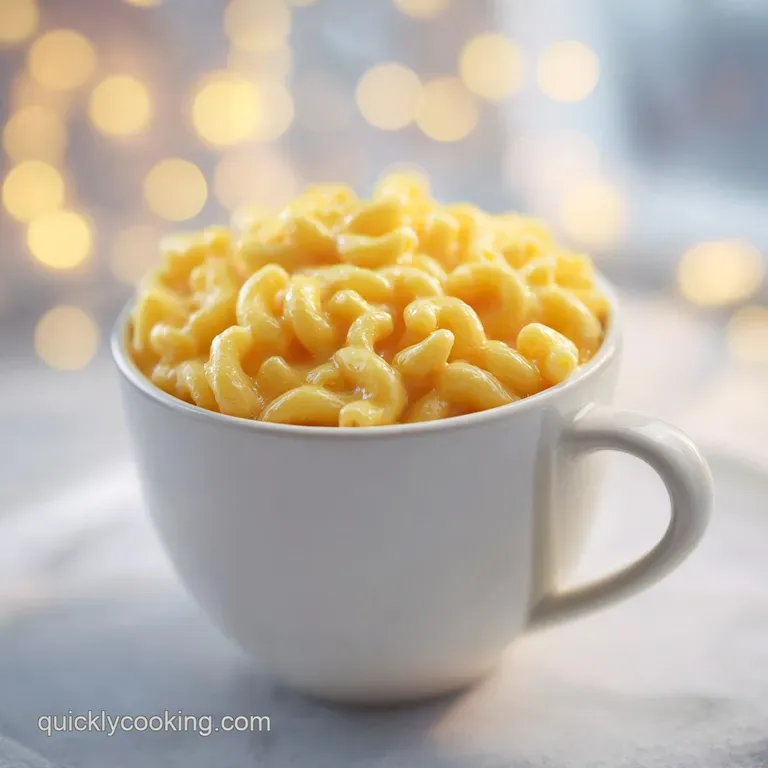 Single serving of mac and cheese in a mug with a sprinkle of paprika and cracked black pepper, garnished with herbs.