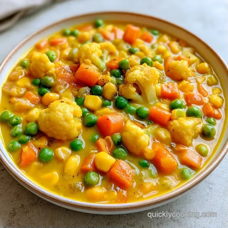 Colorful vegetable medley in a creamy golden sauce, served in a white ceramic bowl with a sprig of fresh cilantro.