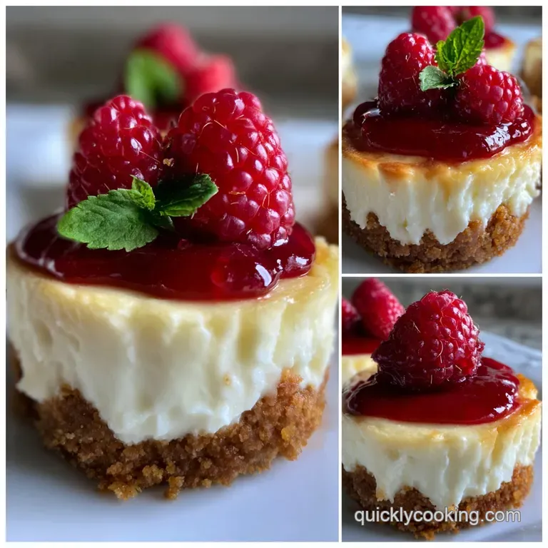 A single mini cheesecake with a velvety smooth surface, artfully placed on a white plate with a delicate berry garnish.