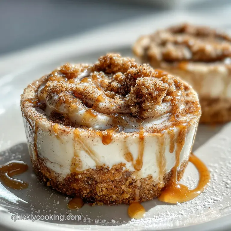 Single no-bake cheesecake on a plate. Soft swirls and dusting of cinnamon draw the eye, hints of crust peek from the base.