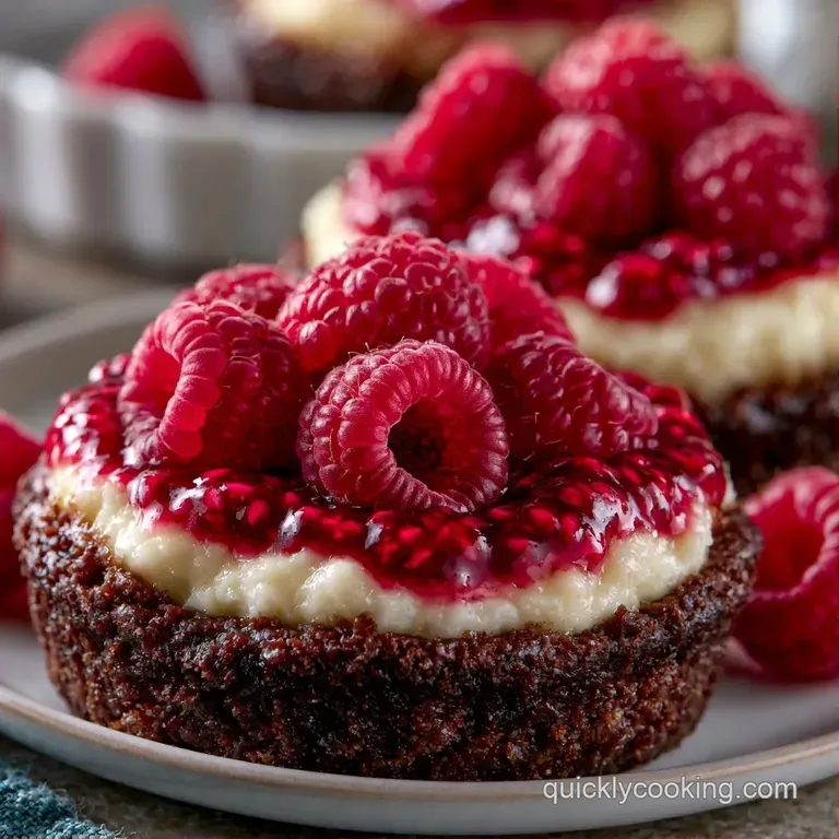 Small white cakes on a marble slab, garnished with fresh red raspberries and a light dusting of powdered sugar.