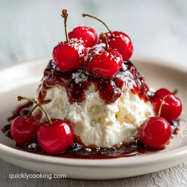 A glistening slice of chilled cherry dessert with delicate cream cheese swirls on a white plate.
