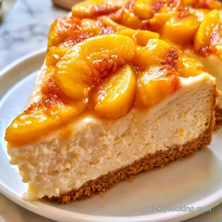 A neat slice of pale yellow cheesecake topped with glistening peach preserves and a sprig of fresh mint on a plate.