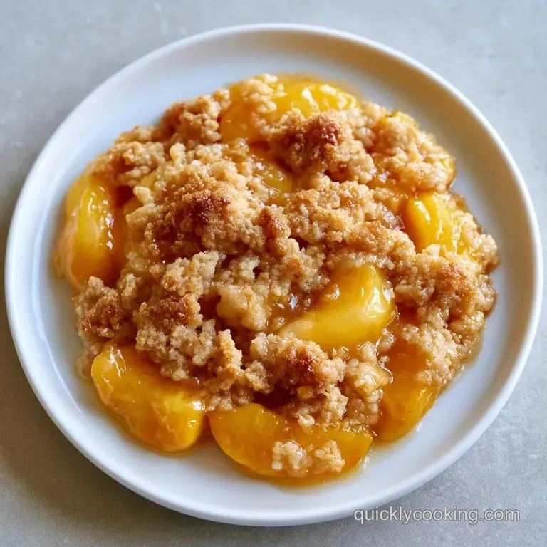 A slice of warm fruit crisp topped with a melting scoop of vanilla ice cream on a white ceramic plate.