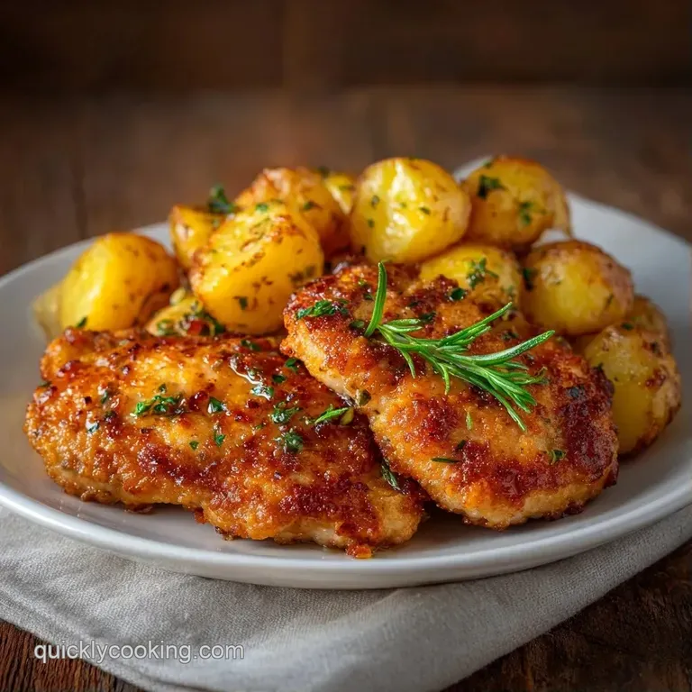 A plated golden chicken fillet with glistening crispy skin, paired with roasted garlic and a sprig of fresh thyme.