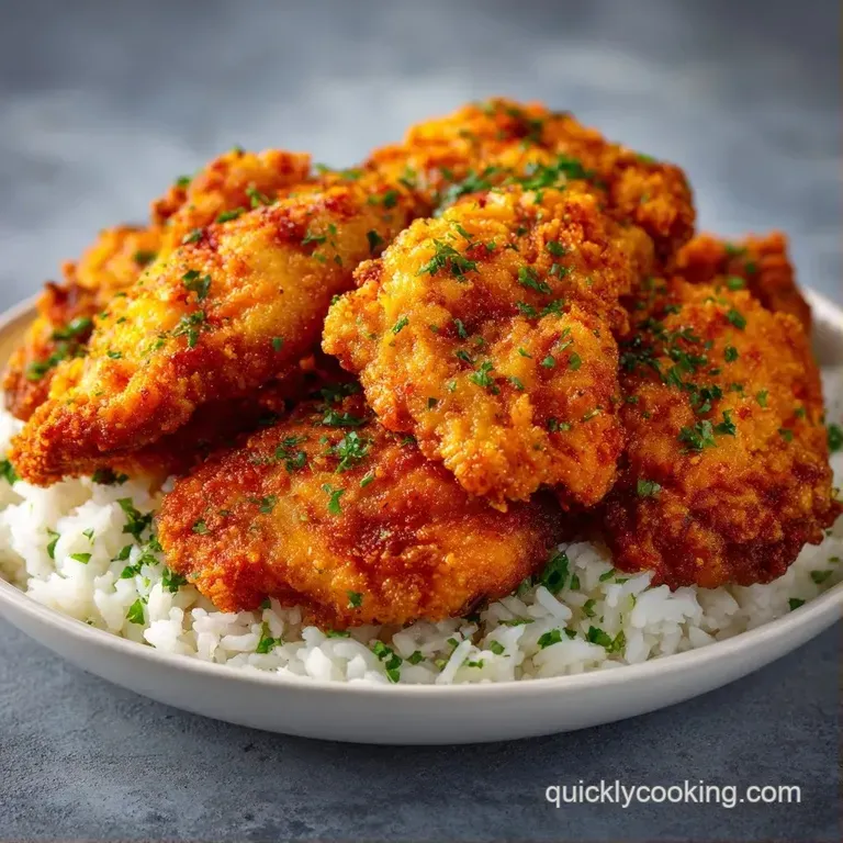Neatly plated seared chicken breast atop a mound of fluffy white rice, accented with a sprig of fresh herbs.
