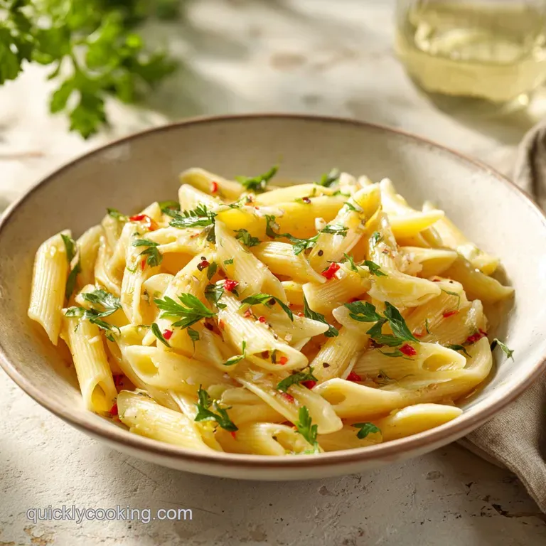 Al dente pasta tossed in a rich, garlicky sauce, artfully arranged on a white plate with fresh parsley.