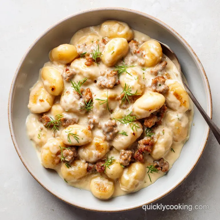 A wide ceramic bowl of pillowy potato dumplings and seared sausage in a rich cream sauce topped with fresh parsley.