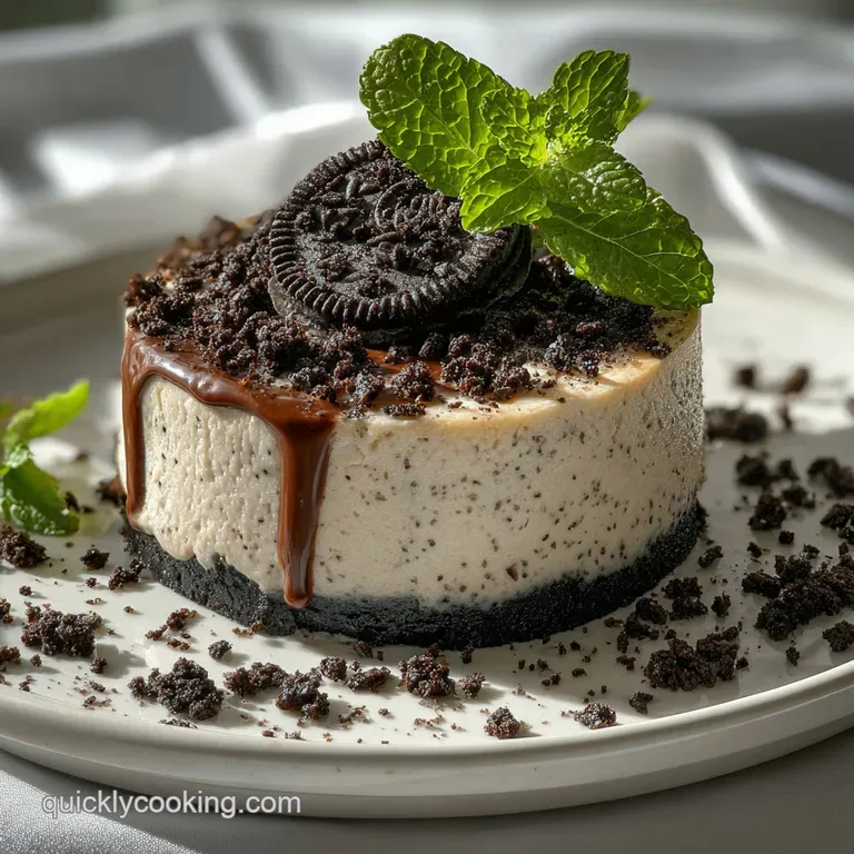 A perfect slice of Oreo cheesecake, velvety smooth, atop a dark plate with cookie crumbs. Indulgent and ready to enjoy.