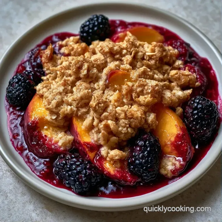A warm scoop of fruit crumble topped with a melting vanilla bean ice cream dollop on a white porcelain plate.