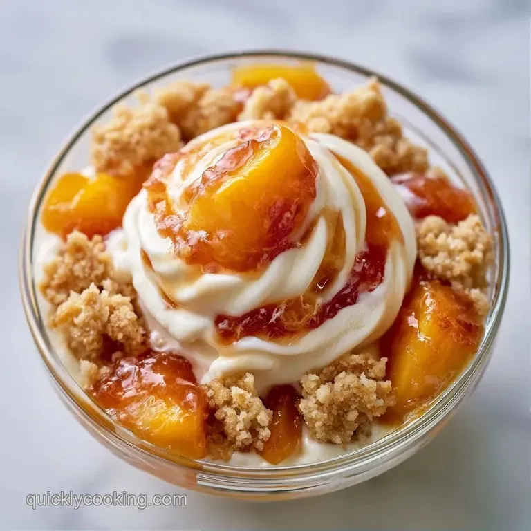 Two smooth scoops of pale orange ice cream topped with a crisp golden crumble and a fresh mint leaf garnish.