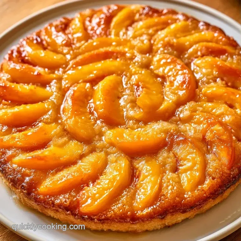 Elegant slice of light yellow cake topped with peaks of cream and glistening peach slices on a modern white plate.