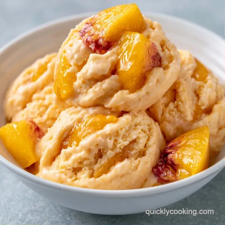 Pale orange scoops in a crystal glass topped with gold-leaf peach slivers and a drizzle of clear syrup.