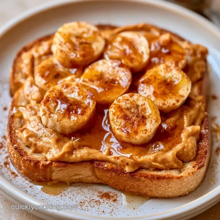 Two slices of toasted bread layered with creamy nut butter and neatly arranged banana coins on a marble slab.