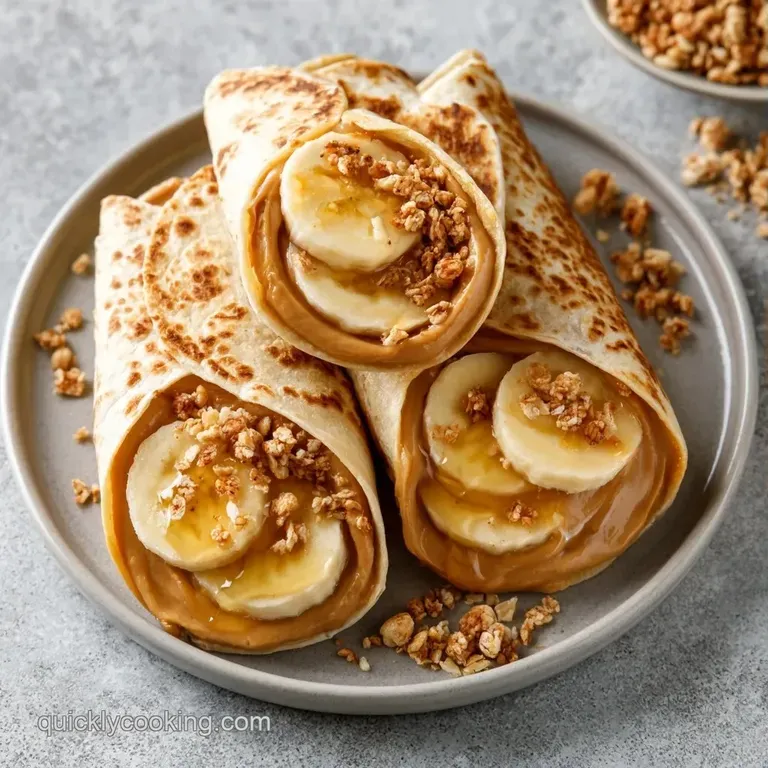 Two halves of a toasted wrap on a white ceramic plate, garnished with mint leaves and a drizzle of golden honey.