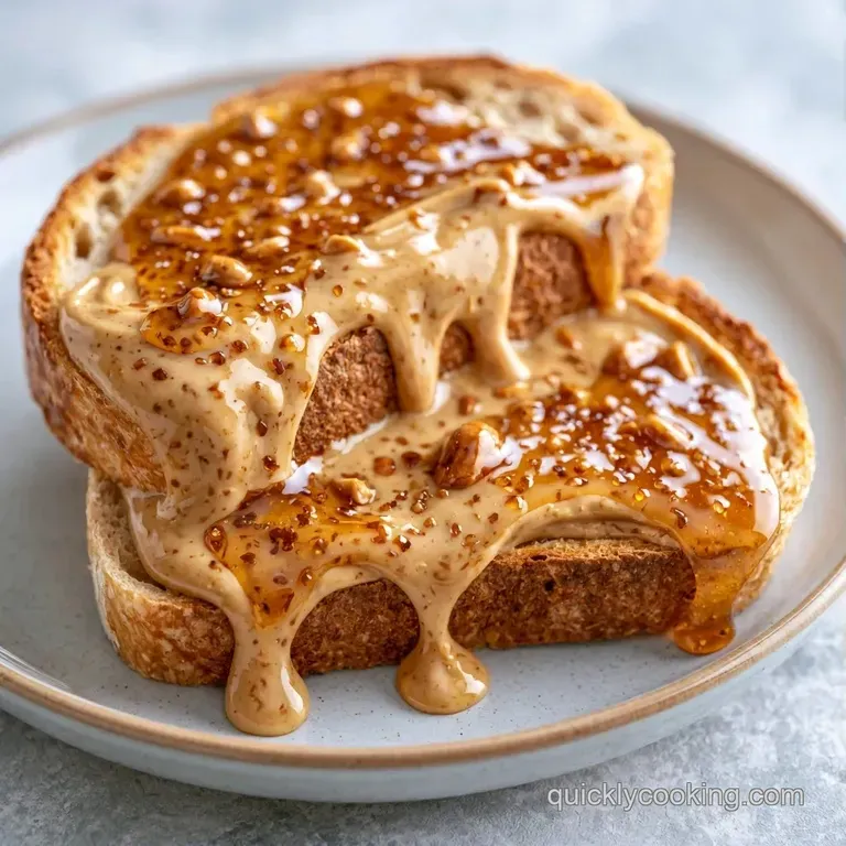 Two toasted sandwich halves on a rustic wooden board with a honey dipper and a sprinkle of crushed roasted peanuts.