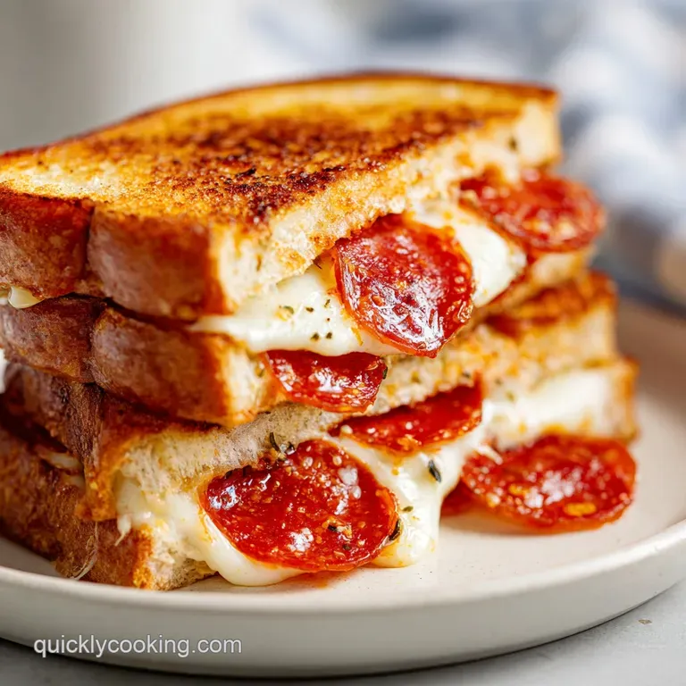 A perfectly grilled sandwich, split to reveal layers of melted cheese, served with a side of marinara.
