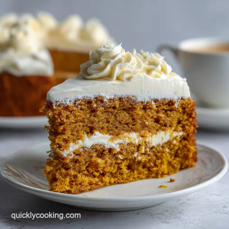 Elegant slice of pumpkin cake with a dollop of whipped cream & cinnamon, served on a delicate floral patterned plate.