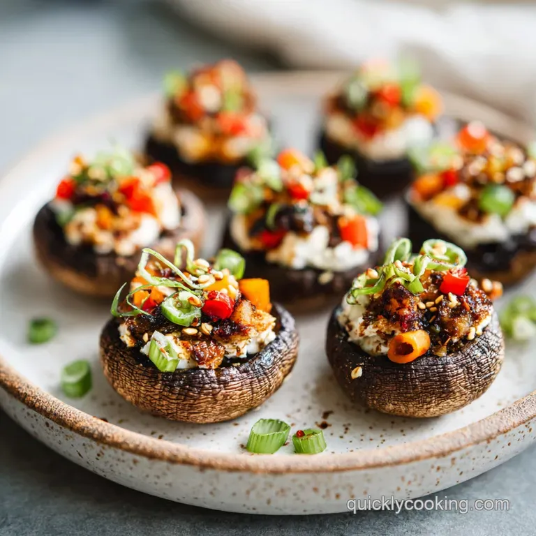 A single stuffed portobello mushroom, glistening with olive oil, rests on a white plate with vibrant green herbs sprinkled...