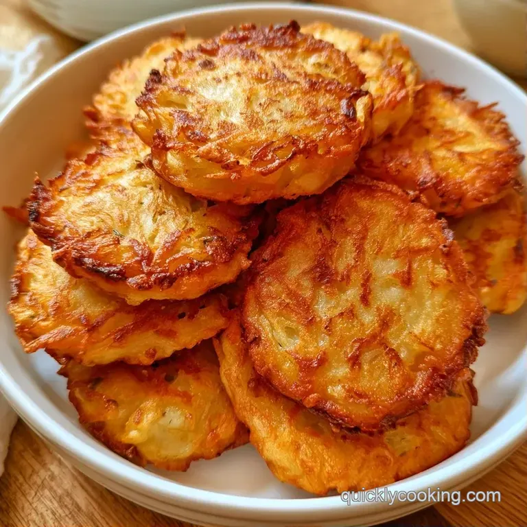 Golden potato patties neatly arranged on a white plate with a side of tart red berries and fresh green parsley.