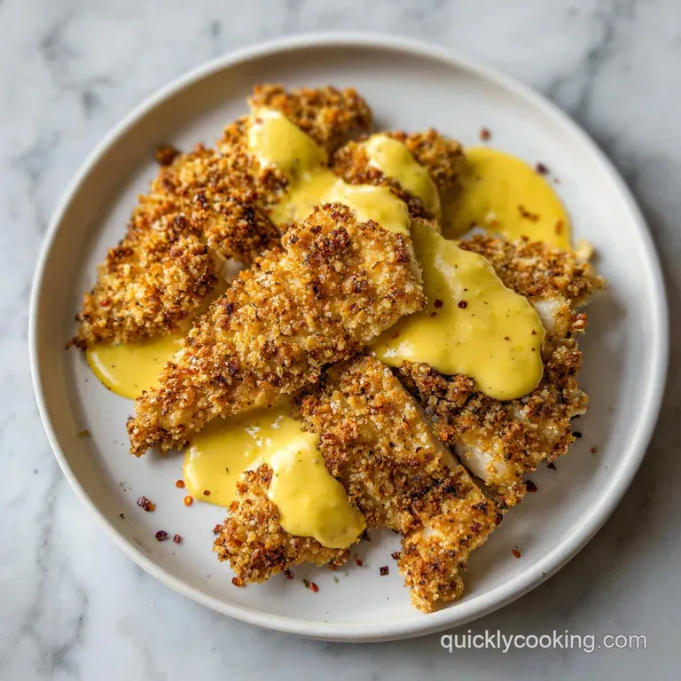 Crisp salted chicken nuggets arranged on a slate platter with microgreens and a small bowl of creamy yellow sauce.