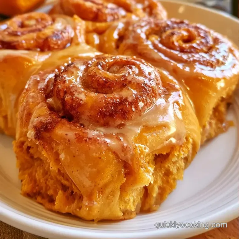 Three fluffy, orange-hued swirls drizzled with glossy white icing, served on a matte ceramic plate with a linen napkin