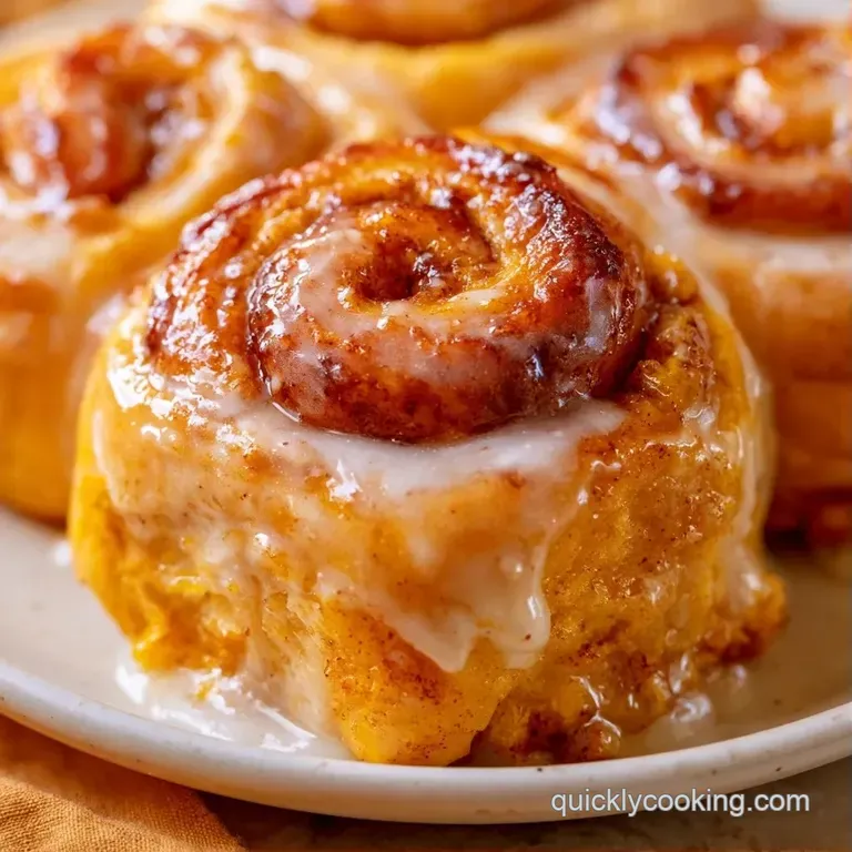 Golden-orange spirals on a ceramic plate, drizzled with melting white icing and garnished with a cinnamon stick.