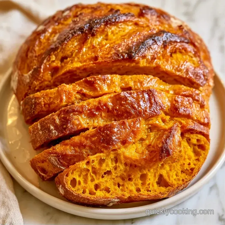 Thick slices of orange-hued bread arranged on a white marble platter with a pat of melting salted butter on top.