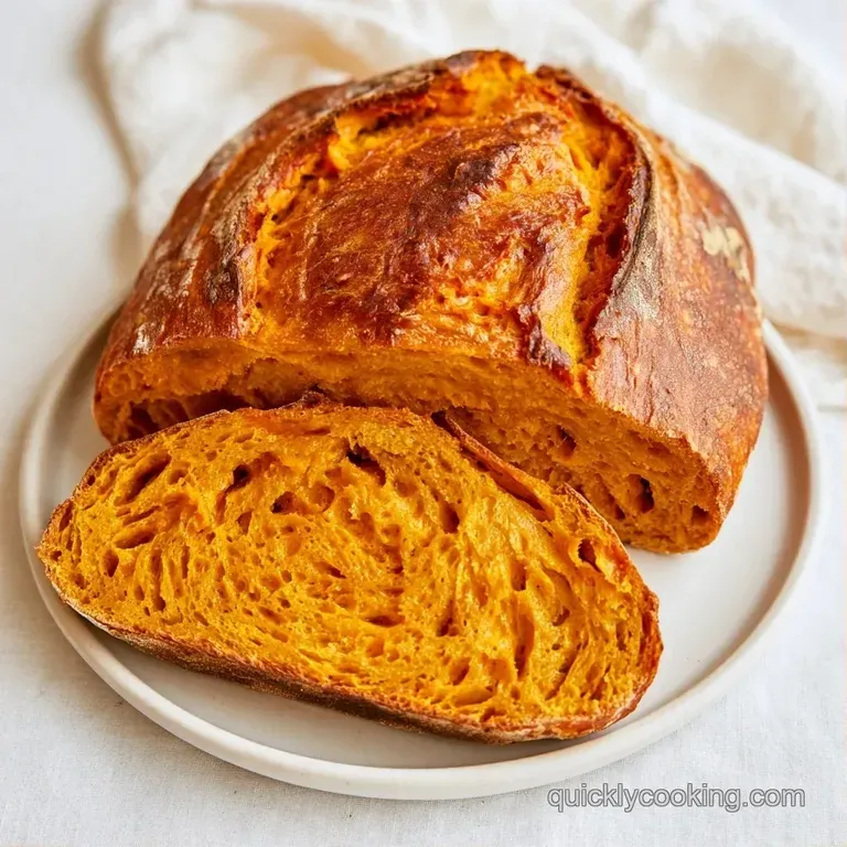 Thick slices of orange-hued artisan bread stacked neatly beside a pat of melting butter on a white ceramic plate.